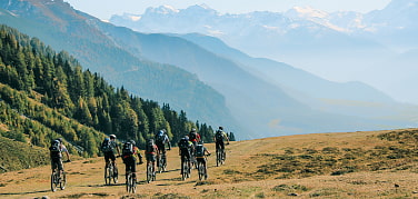 Gruppe von Mountainbikern von hinten, vor Bergpanorma
