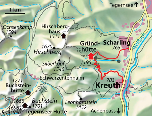 Kartenausschnitt der die Lage der Gründhütte zeigt und die Wanderroute von Scharling nach Kreuth oder umgekehrt
