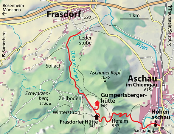Kartenausschnitt der die Lage der Gumpertsbergerhütte zeigt und den Weg von Frasdorf/Lederstube über die Gumpertsbergerhütte nach Hohenaschau oder umgekehrt
