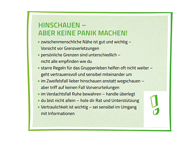 Bild zeigt ein Plakat mit grünem Hintergrund und einem Ausrufezeichen mit der Überschrift - Hinschauen - aber keine Panik machen!