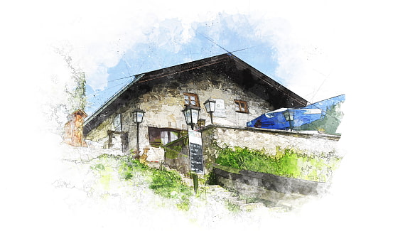 Albert-Link-Hütte im Aquarell-Malstil gezeichnet