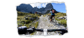 Bild zeigt eine Lenker eines Mountainbikes und davor einen Mountainbiker auf einem Schotterweg in den Alpen