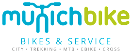 Logo von Munich Bike. DAs Logo ist in Blau undGrün gestaltet, wobei das "n" in Wort munich stilisiert ist und einen Fahrradlenker und eine Gabel darstellt. Unter dem Hauptschriftzug steht in blauer Schrift: "Bikes & Service" und darunter "CITY - TREKKING - MTB - WEBIKE- CROSS"