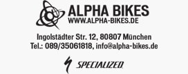 Visitenkarte von Alpha Bikes. Auf dem weißen Hintergrund ist der Schriftzug "ALPHA BIKES" in schwarzen Großbuchstaben und darunter die Webseite und die Adresse des Bikeshops. Daneben ist noch ein stilisierten Atom oder so was ähnliches