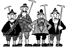Auf dem Bild sieht man eine schwarz-weiß Comic-Zeichnung von vier Männern mit auffällig großen Nasen und Bärten. Sie tragen traditionelle, altmodische Kleidung, darunter Hüte und Jacken mit karierten und gestreiften Mustern. Jeder der Männer hält eine Art Pickel mit extra langem Stiel in der Hand. Einer hat ein Seil umhängen. 