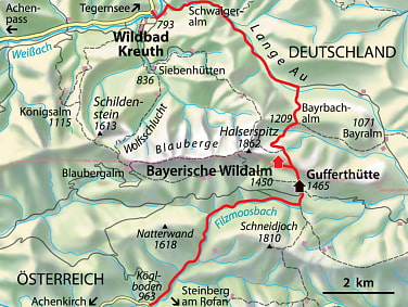 Kartenausschnitt von den Blauberge. In rot ist der Weg von Wildbad Kreuth zur Bayerische Wildalm und die Gufferthütte entlang der Lange Au und dem Filzmoosbach dargestellt
