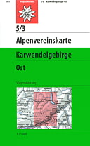 Bild zeigt die Alpenvereinskarte Karwendelgebirge Ost 5/3. Die Karte hat oben links ein kleines rotes Quadrat mit einem weißem Edelweis. Die Karte ist ansonsten weiß und grün. Im weißen Teil steht Alpenvereinskarte und im grünen etwas größerem Teil steht Karwendelgebirge und darunter Ost. Es ist auch ein Kartenausschnitt dargestellt, für welchen Teil die Karte gilt - ist rot hinterlegt