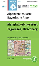 Bild zeigt die Alpenvereinskarte BY13. Die Karte hat oben links ein kleines blaues Quadrat mit einem weißem Edelweis. Die Karte ist ansonsten weiß und grün. Im weißen Teil steht Alpenvereinskarte Bayerische Alpen und im grünen etwas größerem Teil steht Mangfallgebirge West und darunter Tegernsee, Hirschberg. Es ist auch ein Kartenausschnitt dargestellt, für welchen Teil die Karte gilt - ist rot hinterlegt