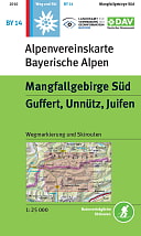 Bild zeigt die Alpenvereinskarte BY14. Die Karte hat oben links ein kleines blaues Quadrat mit einem weißem Edelweis. Die Karte ist ansonsten weiß und grün. Im weißen Teil steht Alpenvereinskarte Bayerische Alpen und im grünen etwas größerem Teil steht Mangfallgebirge Süd und darunter Guffert, Unnütz, Juifen.. Es ist auch ein Kartenausschnitt dargestellt, für welchen Teil die Karte gilt - ist rot hinterlegt
