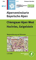 Bild zeigt die Alpenvereinskarte BY17. Die Karte hat oben links ein kleines blaues Quadrat mit einem weißem Edelweis. Die Karte ist ansonsten weiß und grün. Im weißen Teil steht Alpenvereinskarte Bayerische Alpen und im grünen etwas größerem Teil steht Chiemgauer Alpen West und darunter Hochries, Geigelstein. Es ist auch ein Kartenausschnitt dargestellt, für welchen Teil die Karte gilt - ist rot hinterlegt
