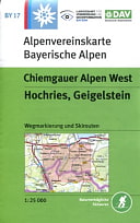 Bild zeigt die Alpenvereinskarte BY17. Die Karte hat oben links ein kleines blaues Quadrat mit einem weißem Edelweis. Die Karte ist ansonsten weiß und grün. Im weißen Teil steht Alpenvereinskarte Bayerische Alpen und im grünen etwas größerem Teil steht Chiemgauer Alpen West und darunter Hochries, Geigelstein. Es ist auch ein Kartenausschnitt dargestellt, für welchen Teil die Karte gilt - ist rot hinterlegt