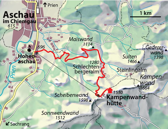 Kartenausschnitt der die Lage und die Aufstiegsroute (rote Linie) von Hohenaschau zur Kampenwandhütte zeigt