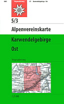 Bild zeigt die Alpenvereinskarte Karwendelgebirge Ost 5/3. Die Karte hat oben links ein kleines rotes Quadrat mit einem weißem Edelweis. Die Karte ist ansonsten weiß und grün. Im weißen Teil steht Alpenvereinskarte und im grünen etwas größerem Teil steht Karwendelgebirge und darunter Ost. Es ist auch ein Kartenausschnitt dargestellt, für welchen Teil die Karte gilt - ist rot hinterlegt