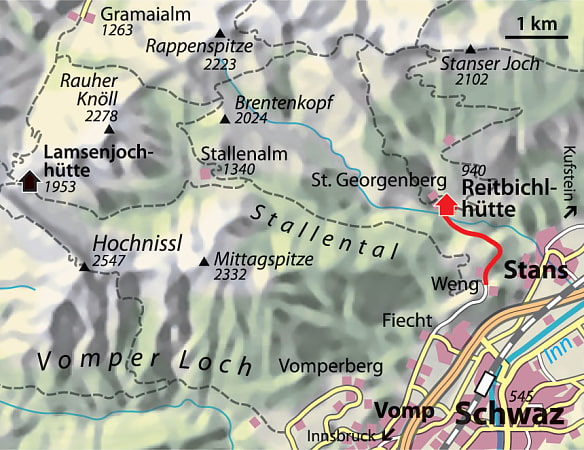 Kartenausschnitt aus dem Gebiet Vomper Loch und Stallental. Es zeigt die Lage der Ast-Reitbichl Hütte zeigt. Es ist in rot der Weg von Stans dargestellt