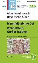 Bild zeigt die Alpenvereinskarte BY16. Die Karte hat oben links ein kleines blaues Quadrat mit einem weißem Edelweis. Die Karte ist ansonsten weiß und grün. Im weißen Teil steht Alpenvereinskarte Bayerische Alpen und im grünen etwas größerem Teil steht Mangfallgebirge Ost und darunter Wendelstein, Großer Traithen. Es ist auch ein Kartenausschnitt dargestellt, für welchen Teil die Karte gilt - ist rot hinterlegt