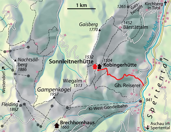 Kartenauschnitt um die Sonnleitnerhütte und Kobingerhütte. Es ist in rot die Route von der Straße aus dem Spertental kurz vor der Ki-West-Gondelbahn eingezeichnet.