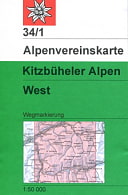 Bild zeigt die Alpenvereinskarte 34/1. Die Karte hat oben links ein kleines rotes Quadrat mit einem weißem Edelweis. Die Karte ist ansonsten weiß und grün. Im weißen Teil steht Alpenvereinskarte und im grünen etwas größerem Teil steht Kitzbüheler Alpen und darunter West. Es ist auch ein Kartenausschnitt dargestellt, für welchen Teil die Karte gilt - ist rot hinterlegt