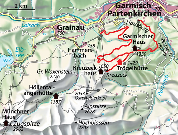 Kartenausschnitt aus der Gegend rechts von der Zugspitze bis nach Garmisch-Partenkirchen und Grainau. Es ist eine rote Route eingezeichnet vom Hausberg zum Garmischer Haus und weiter zur Trögelhütte und Kreuzeckhaus und wieder zurück zur Liftstation zwischen Garmisch-Partenkirchen und Grainau.