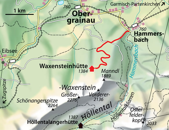 Kartenausschnitt vom Höllental und Umgebung. In rot ist die Route vom Hammersbach zur Waxensteinhütte eingezeichnet