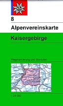 Bild zeigt die Alpenvereinskarte 8. Die Karte hat oben links ein kleines rotes Quadrat mit einem weißem Edelweis. Die Karte ist ansonsten weiß und grün. Im weißen Teil steht Alpenvereinskarte und im grünen etwas größerem Teil steht Kaisergebirge. Es ist auch ein Kartenausschnitt dargestellt, für welchen Teil die Karte gilt - ist rot hinterlegt