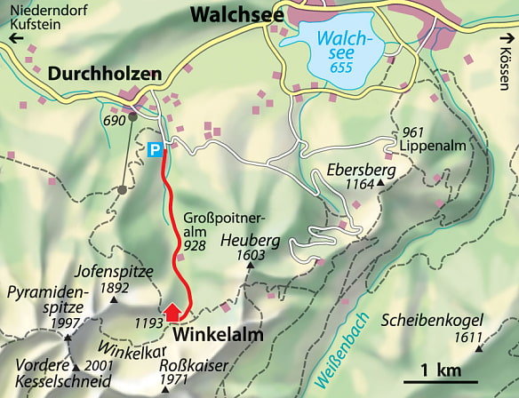 Kartenausschnitt der Region um den Walchensee. In rot ist die Route von einem Parkplatz in der Nähe von Durchholzen zur Winkelalm