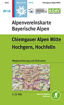 Bild zeigt die Alpenvereinskarte BY18. Die Karte hat oben links ein kleines blaues Quadrat mit einem weißem Edelweis. Die Karte ist ansonsten weiß und grün. Im weißen Teil steht Alpenvereinskarte Bayerische Alpen und im grünen etwas größerem Teil steht Chiemgauer Alpen Mitte und darunter Hochgern, Hochfelln. Es ist auch ein Kartenausschnitt dargestellt, für welchen Teil die Karte gilt - ist rot hinterlegt