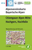 Bild zeigt die Alpenvereinskarte BY18. Die Karte hat oben links ein kleines blaues Quadrat mit einem weißem Edelweis. Die Karte ist ansonsten weiß und grün. Im weißen Teil steht Alpenvereinskarte Bayerische Alpen und im grünen etwas größerem Teil steht Chiemgauer Alpen Mitte und darunter Hochgern, Hochfelln. Es ist auch ein Kartenausschnitt dargestellt, für welchen Teil die Karte gilt - ist rot hinterlegt