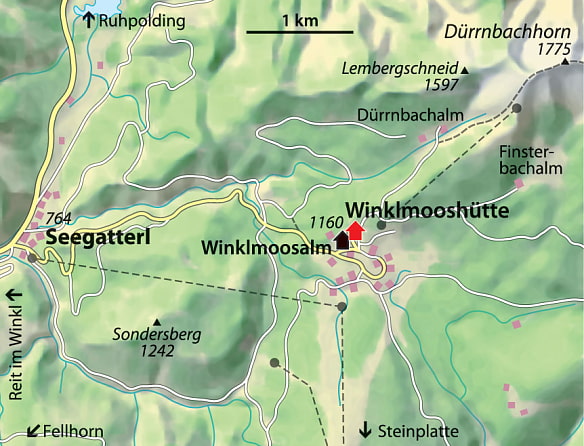 Kartenausschnit aus der Region rund um die Winklmoosalm und Winklmooshütte. Es führt ein Lift von Seegatterl auf die Winkelmoos.