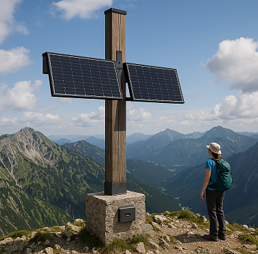 Das Bild zeigt eine Frau mit Rucksack, die vor einem Gipfelkreuz aus Holz mit zwei Solarpanelen steht - Zukunftsvision? Im Hintergrund ist ein Alpenpanorama zu sehen. Der Himmel ist größtenteils blau. Es gibt einige weißen Wolken.