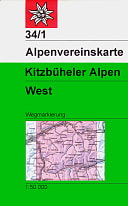Bild zeigt die Alpenvereinskarte 34/1. Die Karte hat oben links ein kleines rotes Quadrat mit einem weißem Edelweis. Die Karte ist ansonsten weiß und grün. Im weißen Teil steht Alpenvereinskarte und im grünen etwas größerem Teil steht Kitzbüheler Alpen und darunter West. Es ist auch ein Kartenausschnitt dargestellt, für welchen Teil die Karte gilt - ist rot hinterlegt