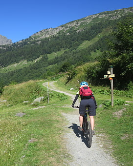 Mountainbikerin von hinten, die einen Pfad hochfährt. Auf den Rücken trägt Sie einen Rucksack und sie steht auf den Pedalen. Rechts vor Ihr ist eine Wegweiser mit 2 gelben Schildern an einem Holzpflog. Im Hintergrund sieht man eine bewaldete Berglandschaft.