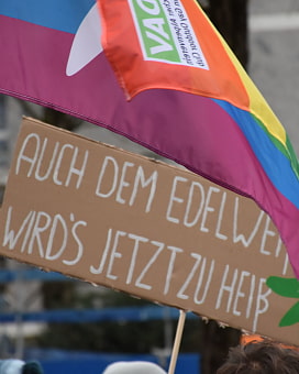Plakat/Karton mit Aufschrift -"Auch dem Edelweiß wird's jetzt zu heiß". Daneben ist ein grünes Edelweiß gezeichnet. Man sieht auch noch ein Stück der Regenbogenfahne des DAV, wie sie im Wind auf der Demo weht.