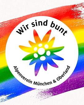Buntes Logo des Alpenverein München & Oberlandsteht für LGBTQiA+