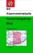 Bild zeigt die Alpenvereinskarte 5/2. Die Karte hat oben links ein kleines rotes Quadrat mit einem weißem Edelweis. Die Karte ist ansonsten weiß und grün. Im weißen Teil steht "Alpenvereinskarte" und im grünen etwas größerem Teil steht "Karwendeltgebirge"  und "Mitte". Es ist auch ein Kartenausschnitt dargestellt, für welchen Teil die Karte gilt - ist rot hinterlegt