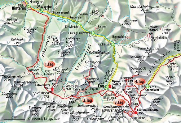 Auf dem Bild sieht man einen Kartenausschnitt, der die Trekkingtour durch den Karwendel mit Start in Hinterriß zur Falkenhütte von dort am 2. Tag zum Alpengasthof Eng von dort am 3. Tag zur Lamsenjochhütte und weiter am 4. Tag zur Gramaialm, zeigt. 