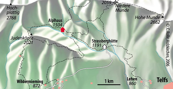 Kartenausschnitt mit Lage des Alplhauses in der Mieminger Kette