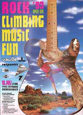 Dass Rockclimbing und Rockmusic schon immer fest verbandelt sind, belegt u. a. dieses Festivalplakat von 1993.