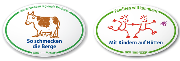 Hüttensiegel "So schmecken die Berge" und "Mit Kindern auf Hütten"