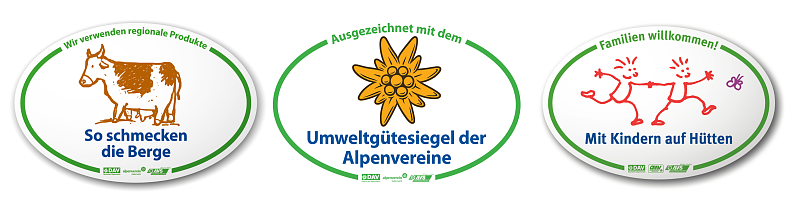 Hüttensiegel "So schmecken die Berge" und "Mit Kindern auf Hütten"