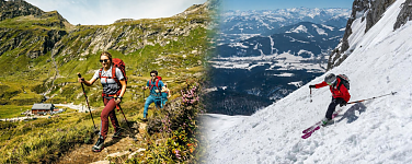 Zweigeteiltes Bild: Links: Zwei Pesonen beim Wandern, rechts: eine Person beim Skifahren im Gelände