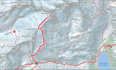 Der Kartenausschnitt zeigt die Route von der Hütte zum Gipfel am Bergtag